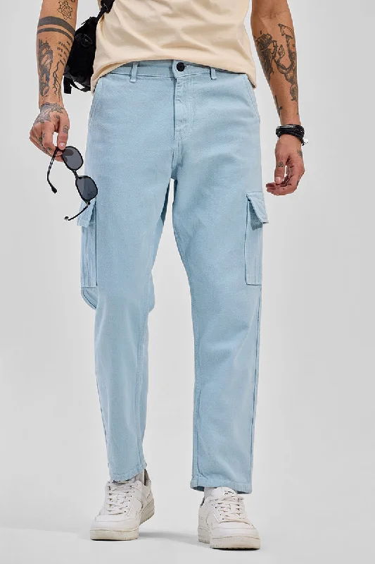 men's fashion trousers-Light Blue Baggy Fit Cargo Jeans