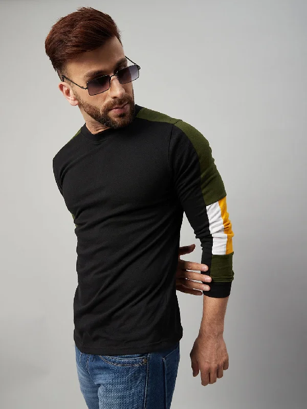 men's recycled t-shirts-Black Full Sleeve Color Block Tshirt