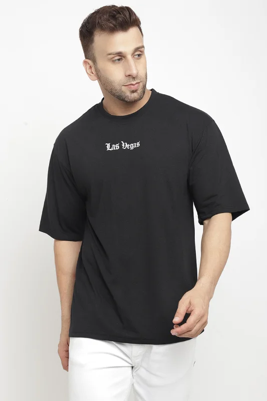 men's classic t-shirts-Oversized Black Typography  T-Shirt