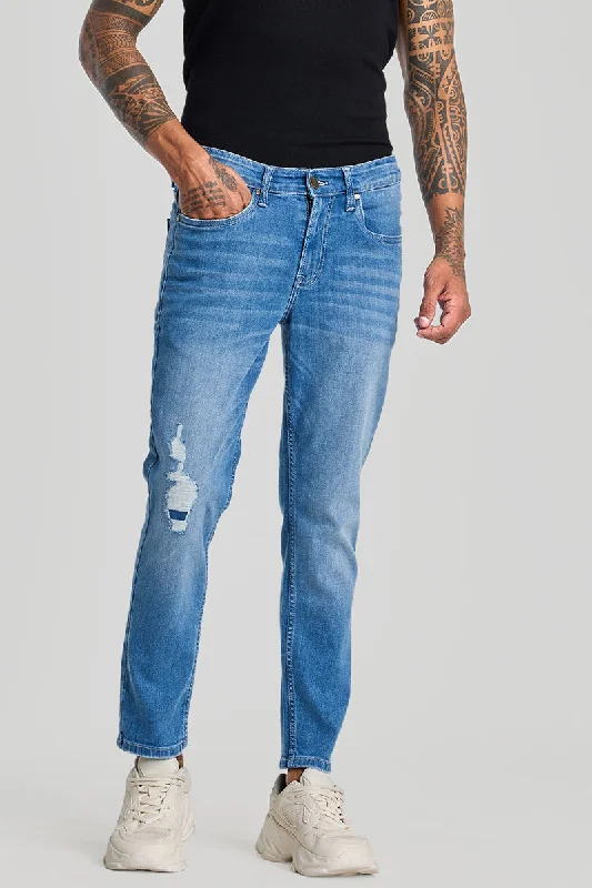 men's sustainable trousers-Blue Distressed Slim Fit Jeans