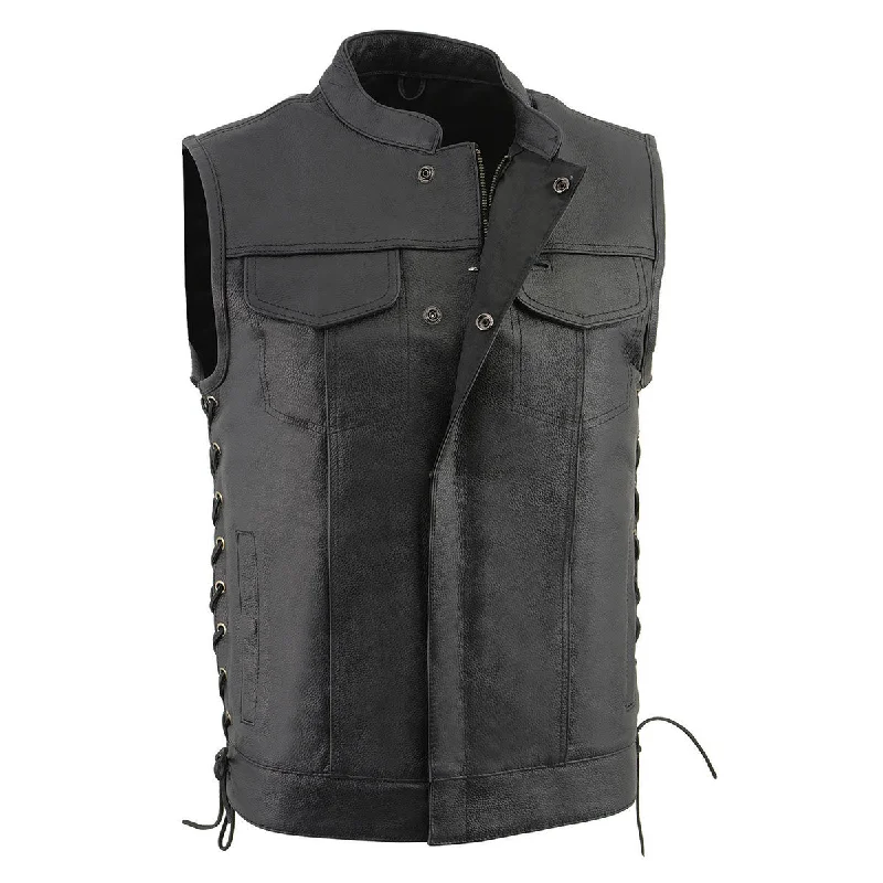 men's bold vests-Milwaukee Leather LKM3712 Men's Black Leather Club Style Motorcycle Rider Vest w/ Front Snap/Zipper and Side Lace