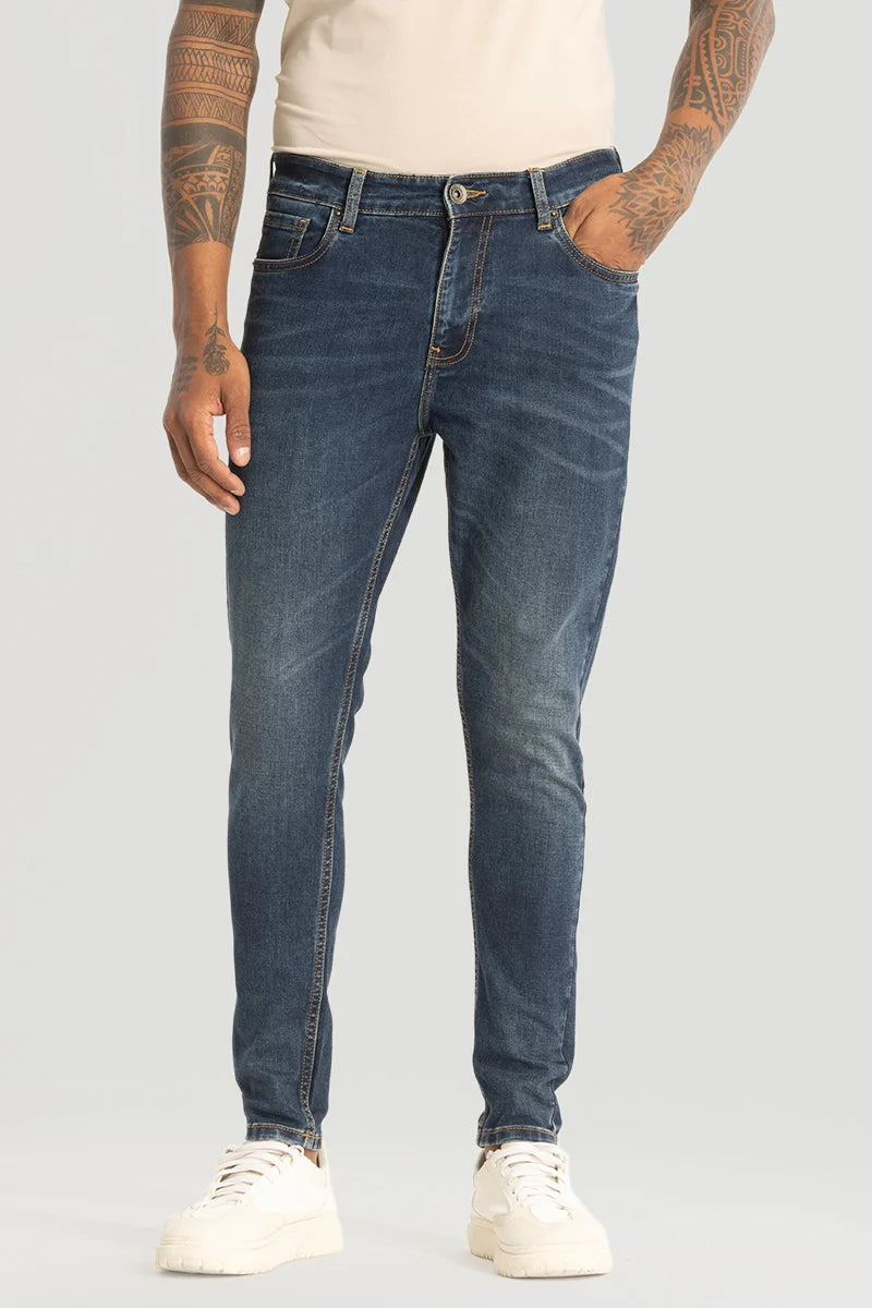 men's straight jeans-Dark Blue Plain Skinny Fit Jeans