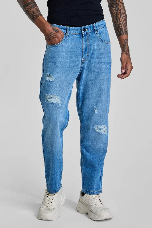 men's regular fit trousers-Blue Distressed Baggy Fit Jeans