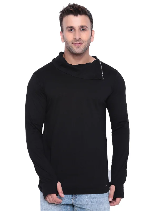 men's graphic print t-shirts-Black Full Sleeve High Neck T-Shirt