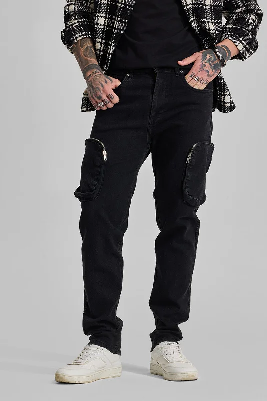 men's tapered pants-Black Regular Fit Cargo Jeans