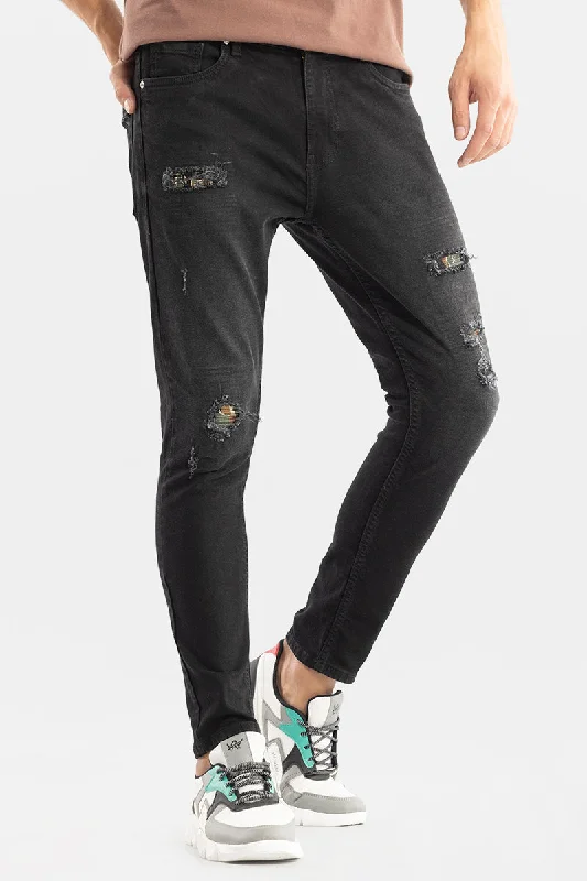 men's drawstring pants-Camo Distressed Raven Black Skinny Jeans