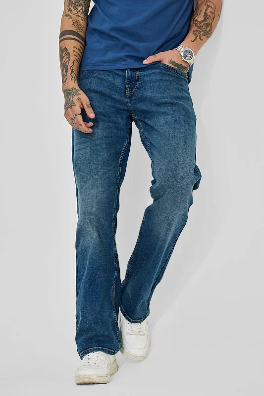 men's high rise pants-Navy Mid Rise Bootcut Jeans