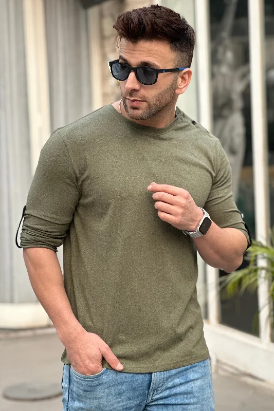 men's linen t-shirts-Olive Side Button Self Design Cotton T-Shirt