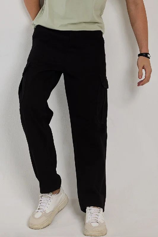 men's winter trousers-Pull On Jet Black Baggy Fit Jeans