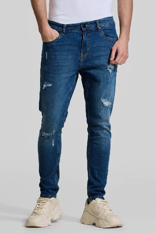 men's striped trousers-Denim Blue Distressed Skinny Fit Jeans