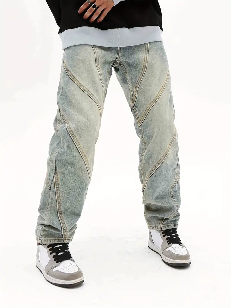 men's striped trousers-Out-Stitch Worn On Straight Leg Jeans