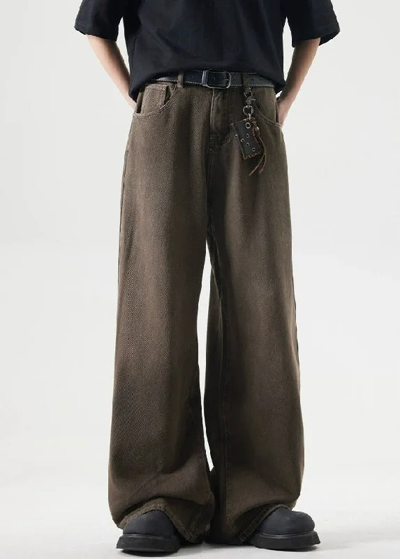 men's running pants-Wide-Leg Burnt Sand-Faded Denim Jeans