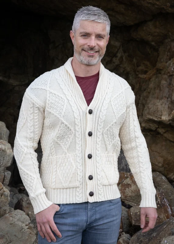 men's wool sweaters-Aran Men's Shawl Button Cardigan | Natural