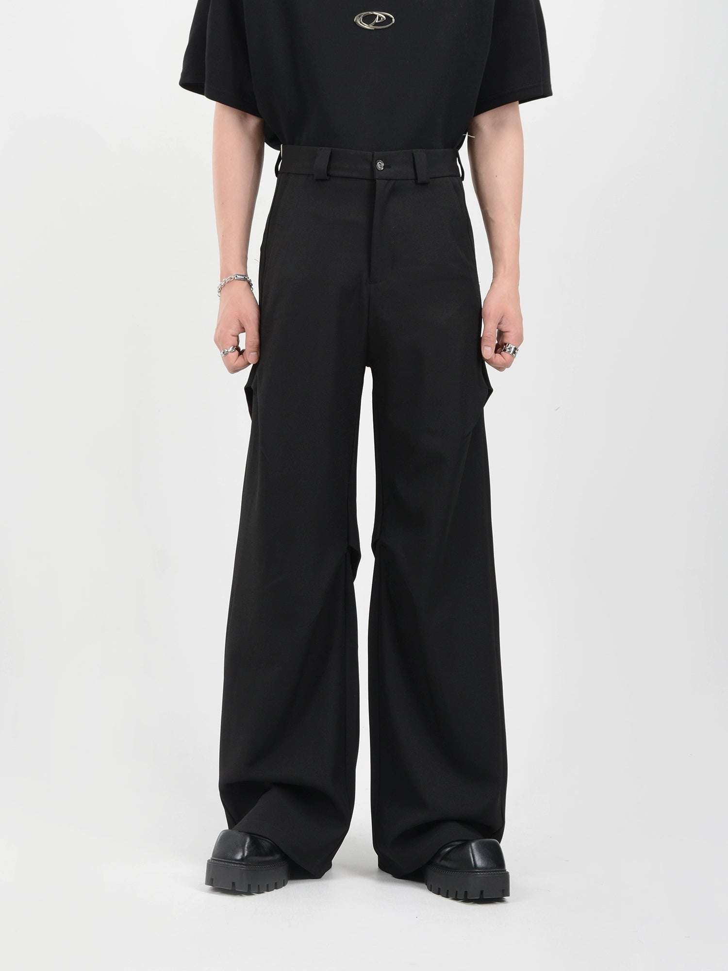 men's activewear pants-Wide Leg Belted Trousers with Pleated Detail