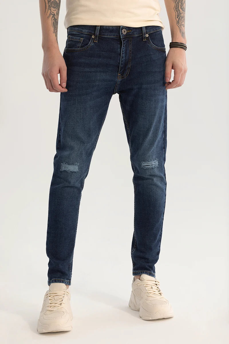 men's low rise pants-Dark Blue Distressed Skinny Fit Jeans