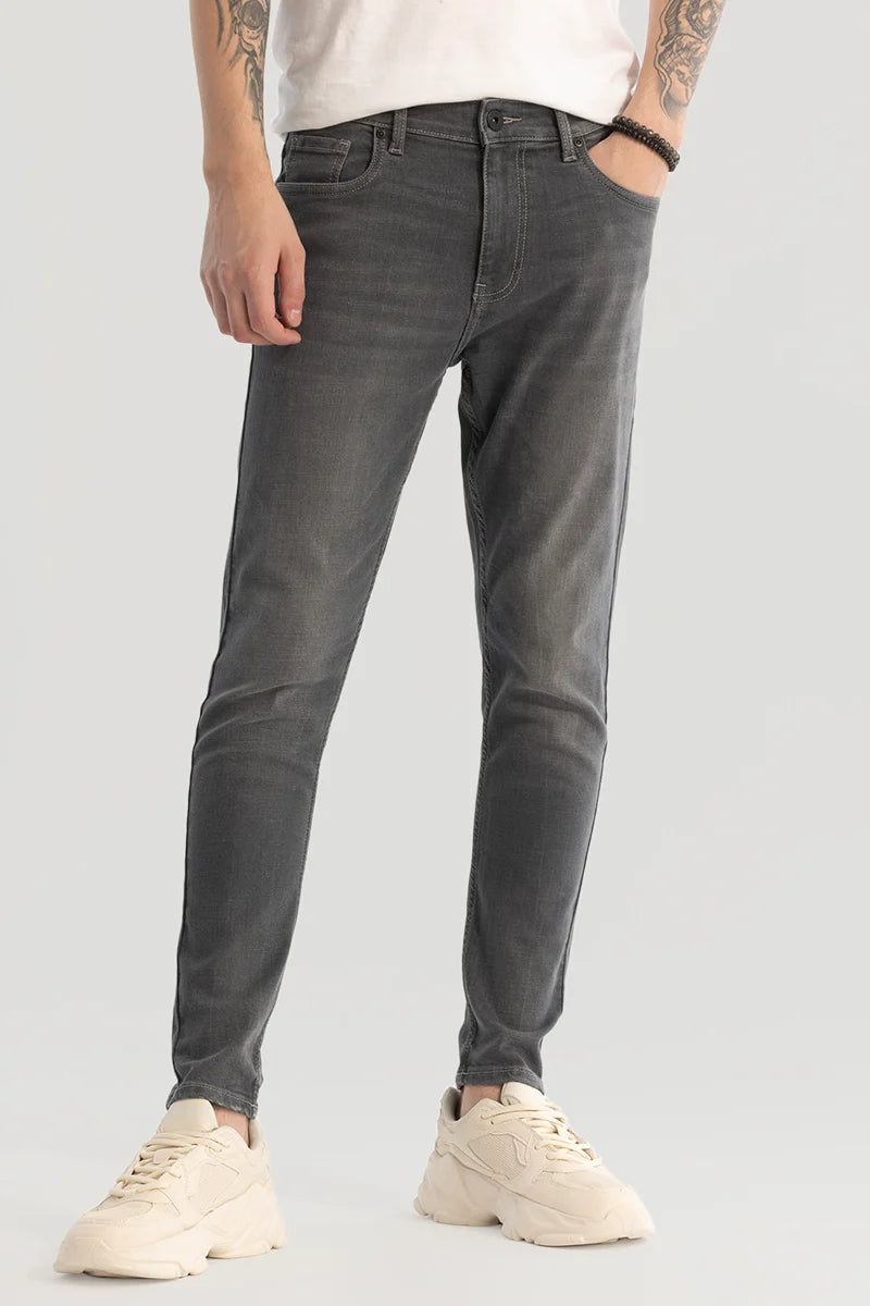 men's stretch jeans-Grey Plain Skinny Fit Jeans