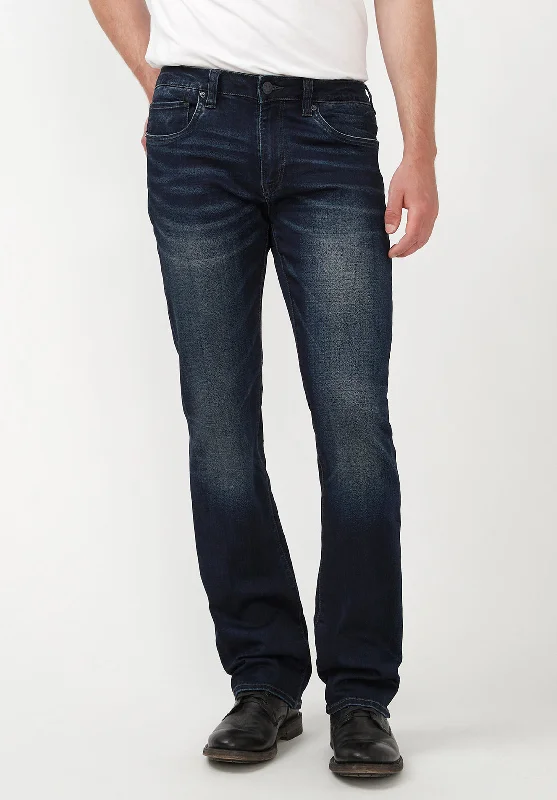 men's athletic pants-Slim Boot King Men's Jeans in Whiskered and Sanded Dark Blue - BM22675