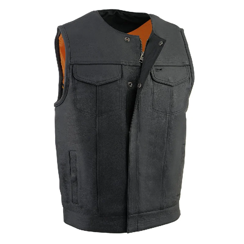 men's affordable vests-Milwaukee Leather MLM3511 Men's Black Collarless Snap/Zipper Club Style Motorcycle Leather Vest