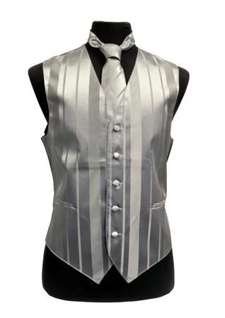 men's functional vests-Men's Silver Striped Vest with Neck Tie and Bow Tie