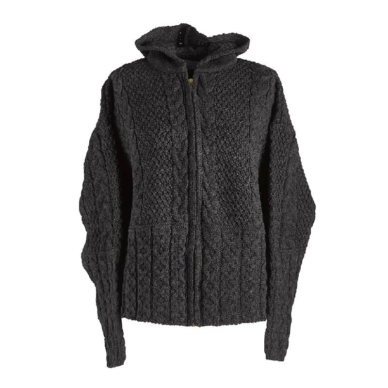 men's minimalist sweaters-Hooded Zip Aran Cardigan Charcoal