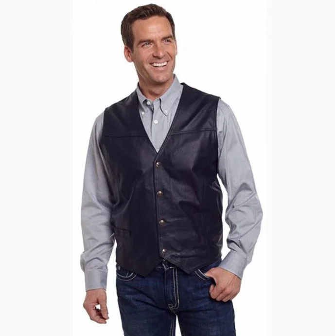 men's chic vests-Men's Black Snap Leather Vest