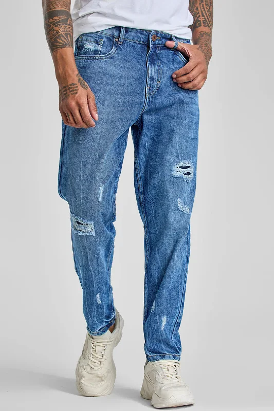 men's home wear trousers-Blue Distressed Baggy Fit Jeans