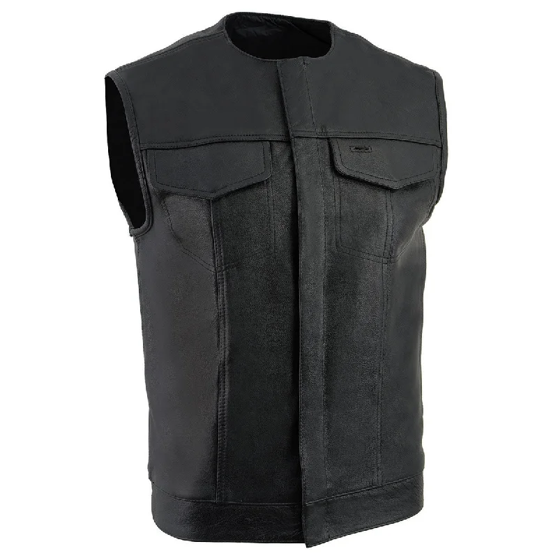 men's chic vests-Milwaukee Leather LKM3721 Men's Black Leather Collarless Club Style Motorcycle Rider Vest w/Concealed Snap Closure