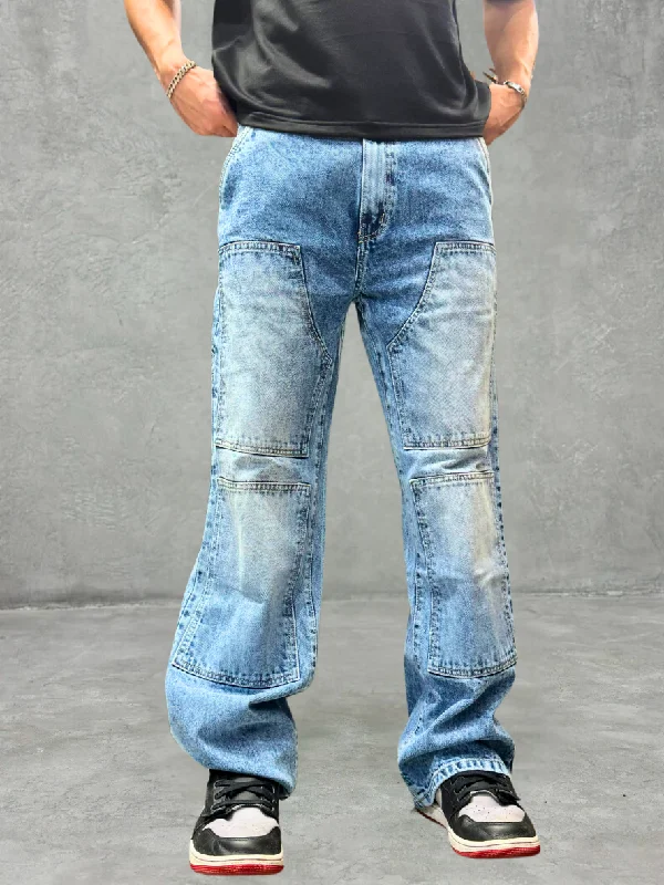 men's affordable trousers-Blue Stone Wash Carpenter Baggy Jeans