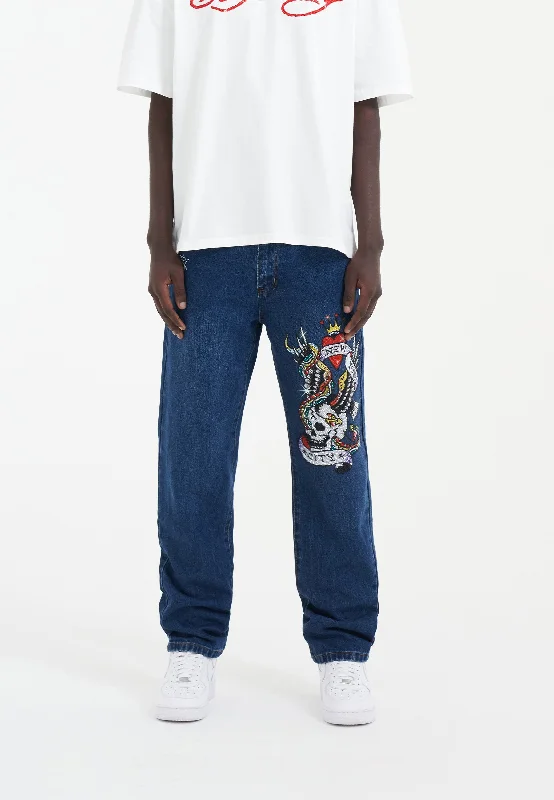 men's office trousers-Mens Nyc-Skull Diamante Denim Trousers Jeans - Indigo