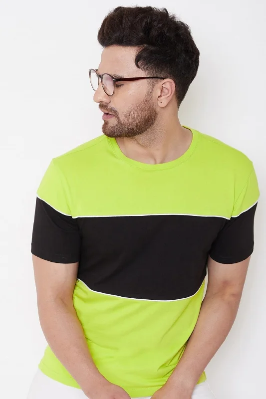 men's trendy fashion t-shirts-Neon Green/Black/White Men's Half Sleeves Round Neck T-Shirt