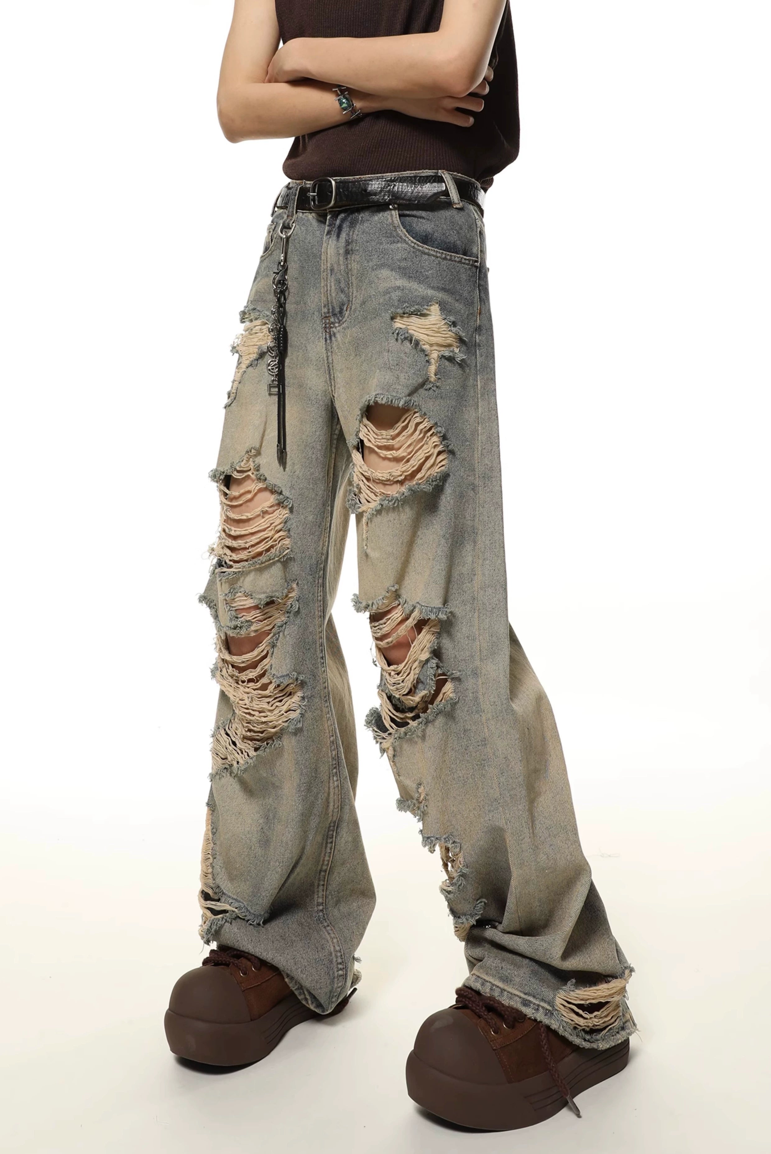 men's UV protection pants-Extra-Distressed Vintage Wash Wide-Leg Jeans