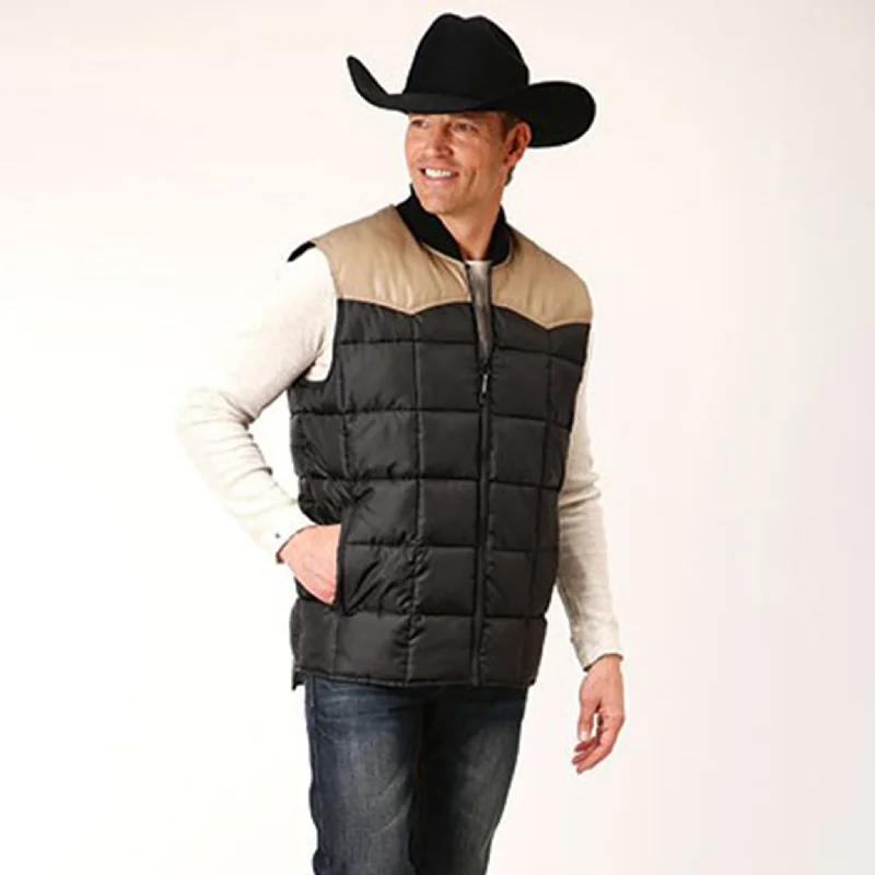 men's camping vests-Roper Men's Black & Tan Yoke Poly Vest