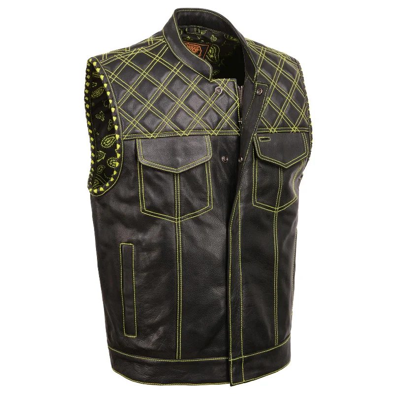 men's checked vests-Milwaukee Leather MLM3528 Men's Black 'Paisley' Accented Neon Green Stitching Leather Vest w/Armhole Trim