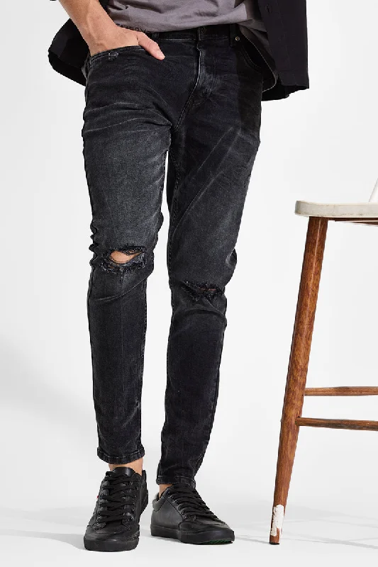 men's work pants-Charcoal Grey Distressed Skinny Fit Jeans