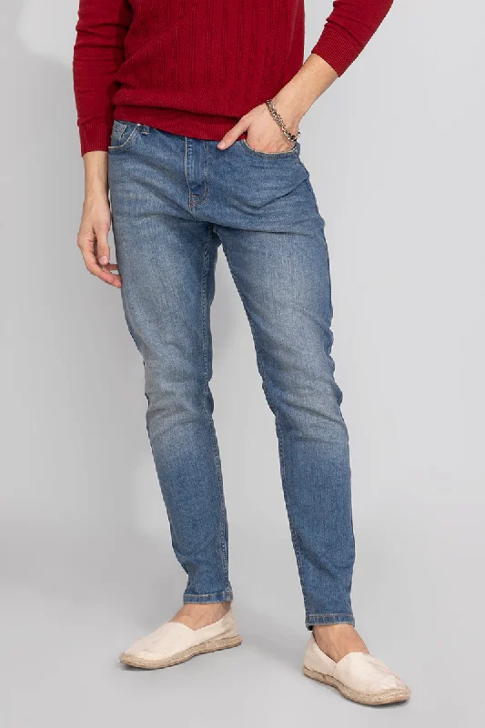 men's drawstring pants-Theo Blue Whiskered Jeans