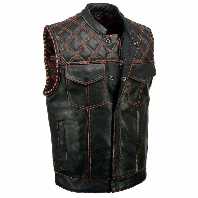 men's plaid vests-Milwaukee Leather MLM3527 Men's Black 'Paisley' Accented w/ Orange Stitching Leather Vest – / Armhole Trim