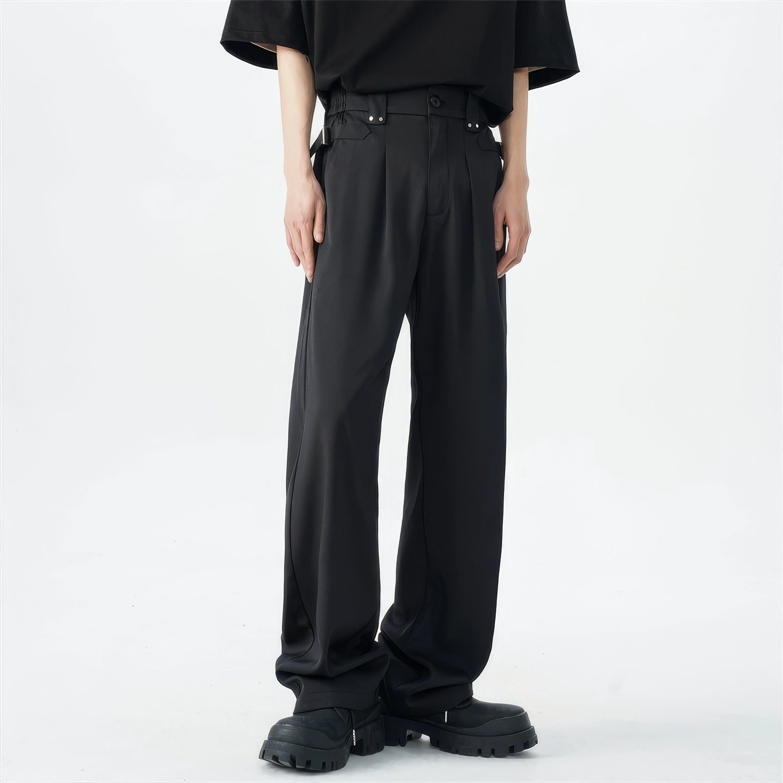 men's fishing trousers-Belted Pleated Lightweight Trousers with Side Pockets