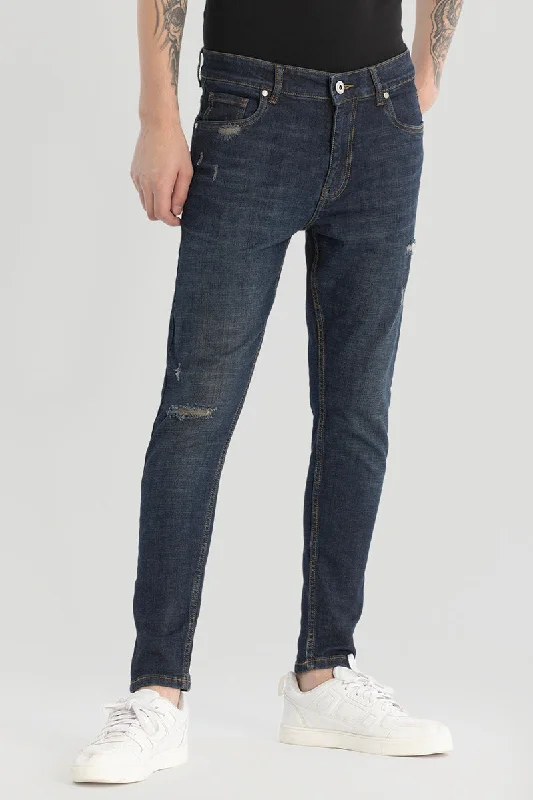 men's evening pants-Navy Distressed Skinny Fit Jeans