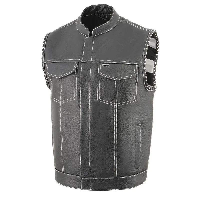 men's professional vests-Milwaukee Leather MLM3509 Men's Black Premium Leather Vest - Old Glory Laced Armholes White Stitching Club Style Vest