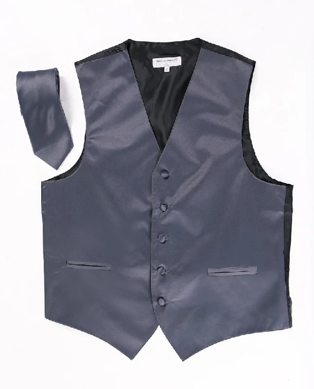 men's tennis vests-Men's Charcoal Satin Vest with Necktie