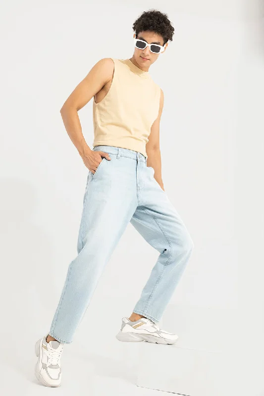 men's drawstring pants-Zappy Sky Blue Basic Baggy Jeans