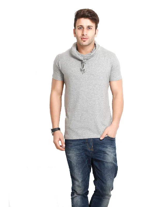 men's slogan t-shirts-Grey Melange Cowl Neck T-Shirt