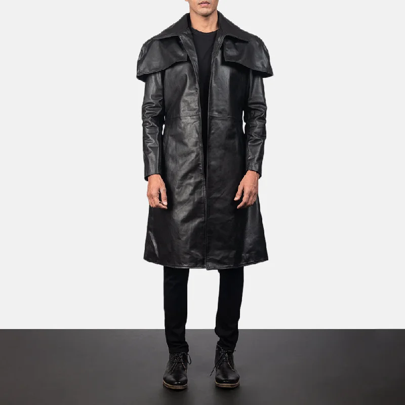 men's spring coats-Men’s Black Leather Duster Coat