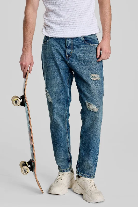 men's fashion trousers-Denim Blue Distressed Baggy Fit Jeans