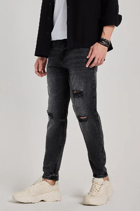 men's breathable pants-Charcoal Grey Distressed Tapered Fit Jeans