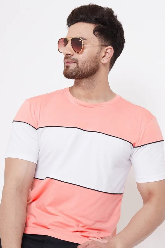 men's versatile t-shirts-Coral/White/Black Men's Half Sleeves Round Neck T-Shirt