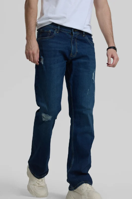 men's flat front pants-Navy Distressed Bootcut Jeans