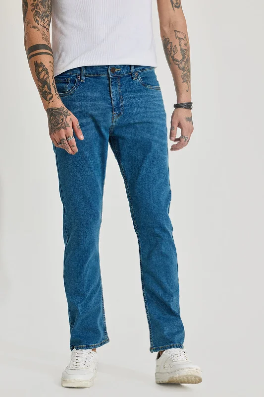 men's elastic waist pants-Blue Mid Rise Comfort Fit Jeans