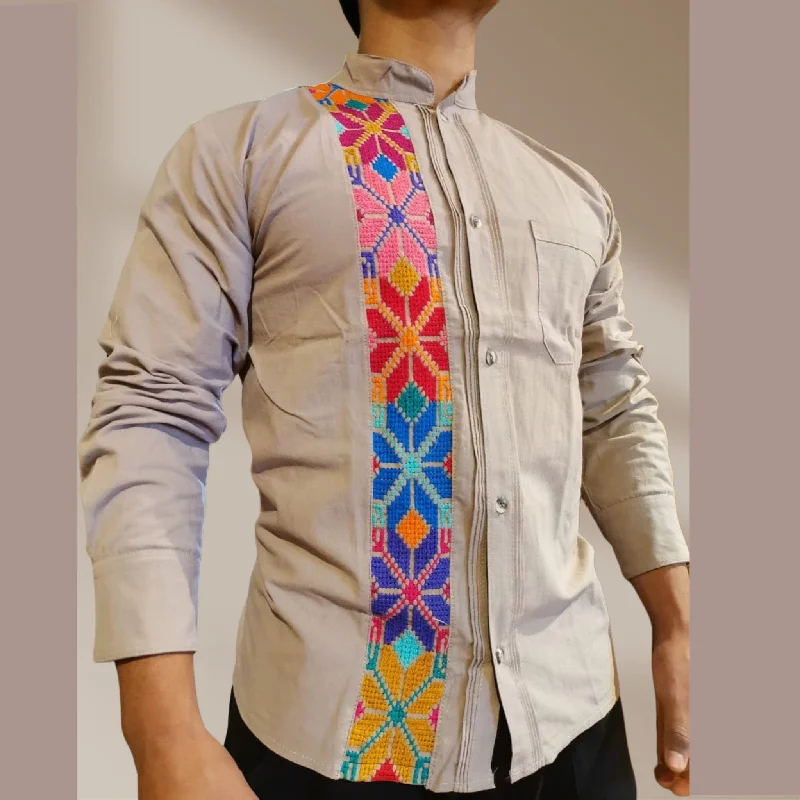 men's athletic shirts-Men's Guayabera Shirt Long Sleeve Cross-Stitch