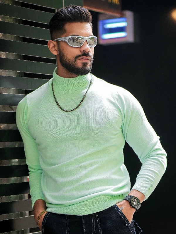 men's alpaca sweaters-Light Green High Neck Sweater